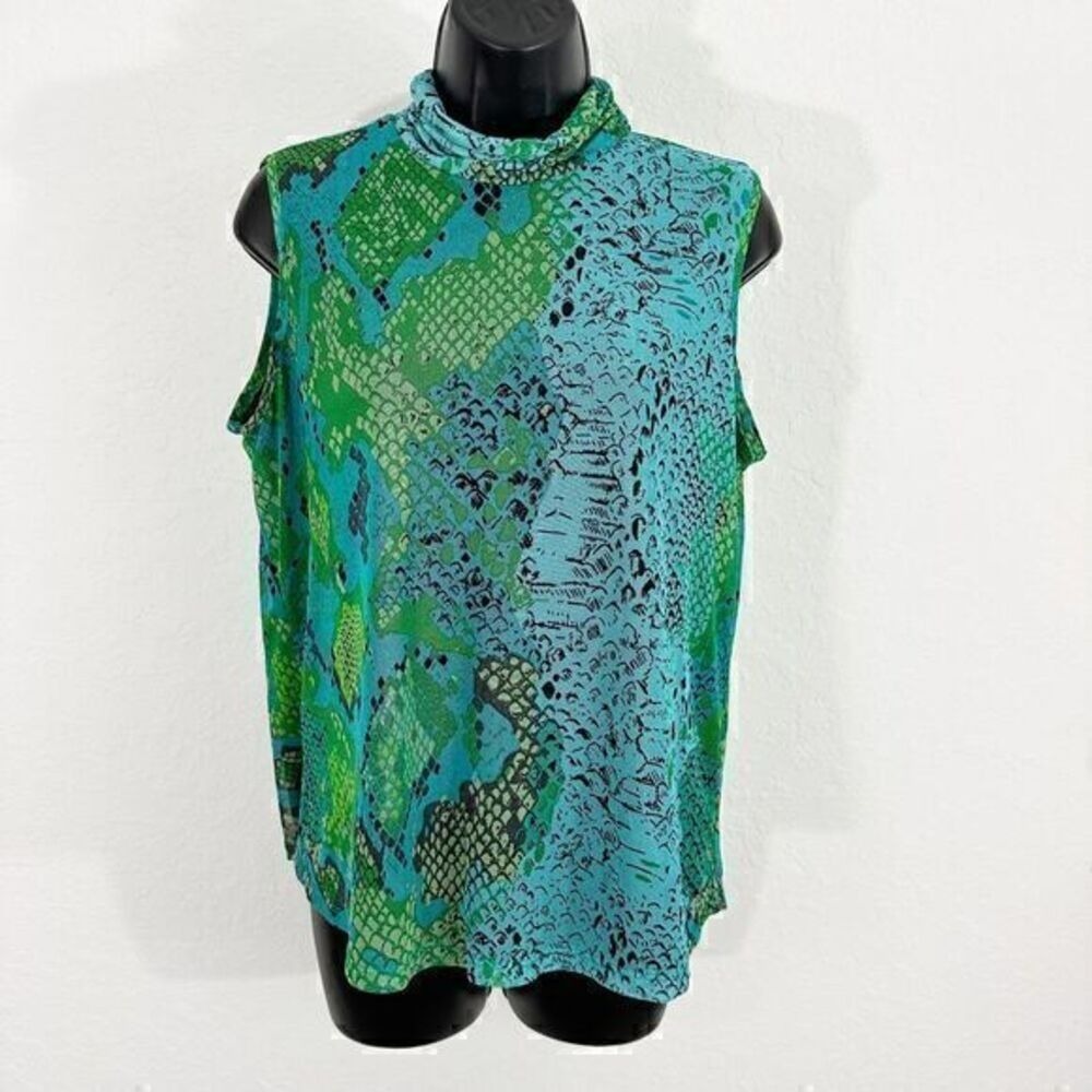 Joie Animal Print Mock Neck Outer Sheer Sleeveless Blouse Top Green Size Medium